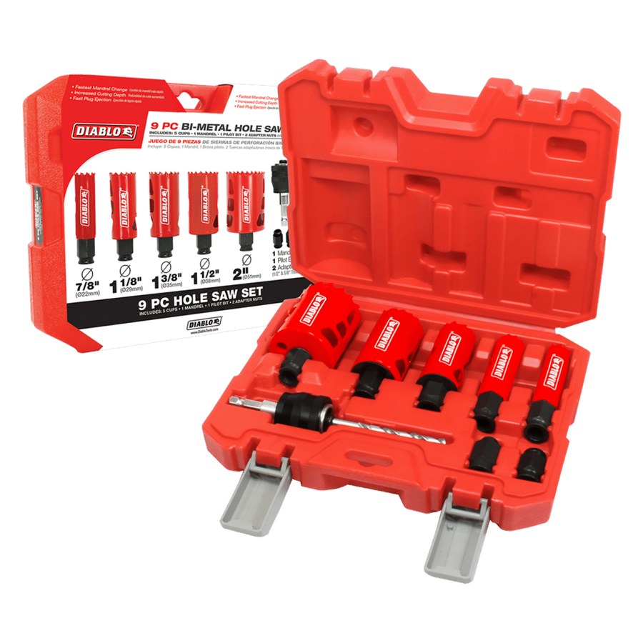 Diablo 9 pc General Purpose Bi-Metal  Hole Saw Set (5 Hole Saws, 1 Mandril, 1 Pilot Bit, 2 Adaptor Nuts)
